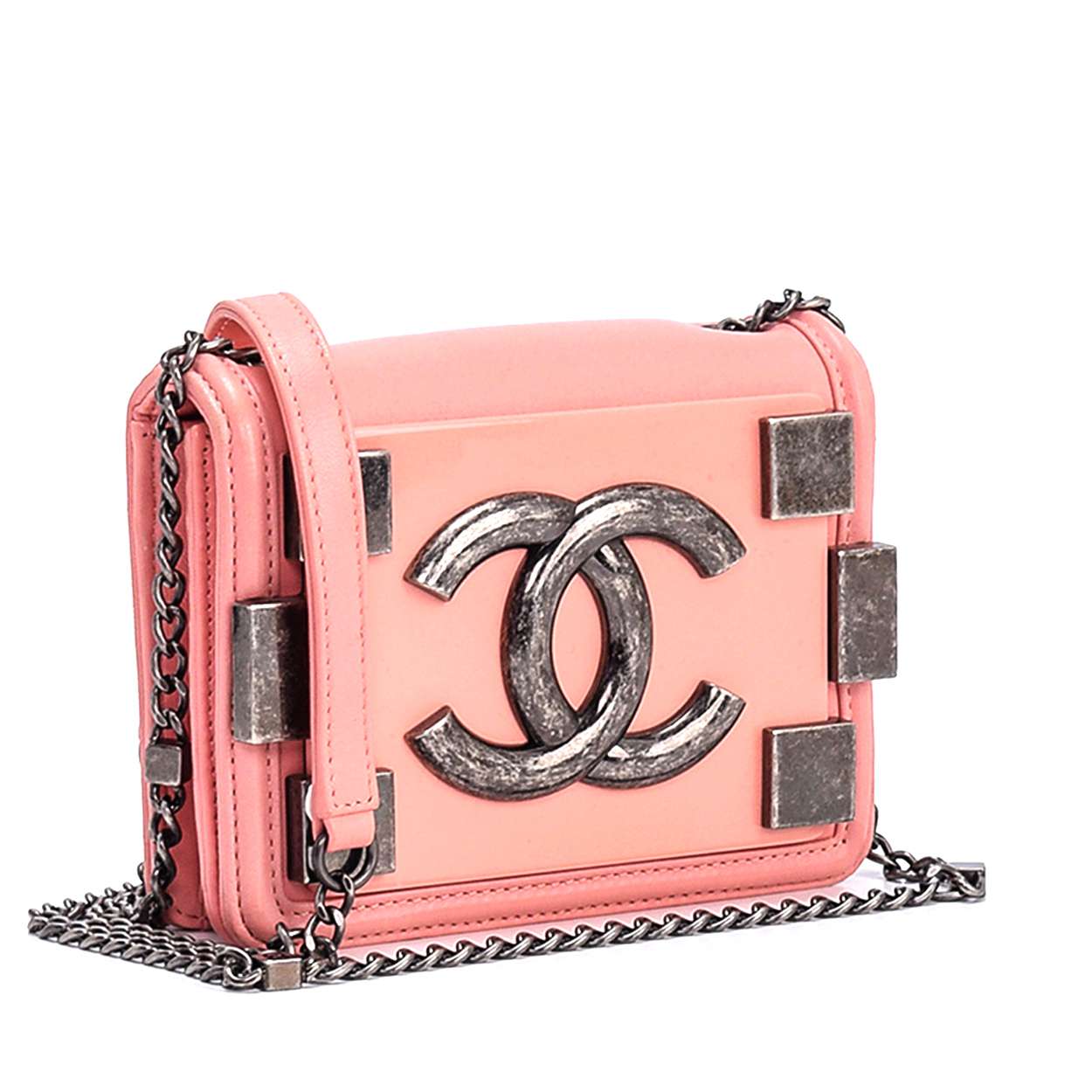 Chanel - Pink Lambskin Leather CC Block Logo Boy Brick Mini Crossbody Bag